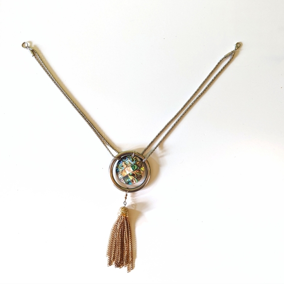 Handmade Gold Fringe and Rainbow Abalone Pendant Choker Necklace - Picture 2 of 9